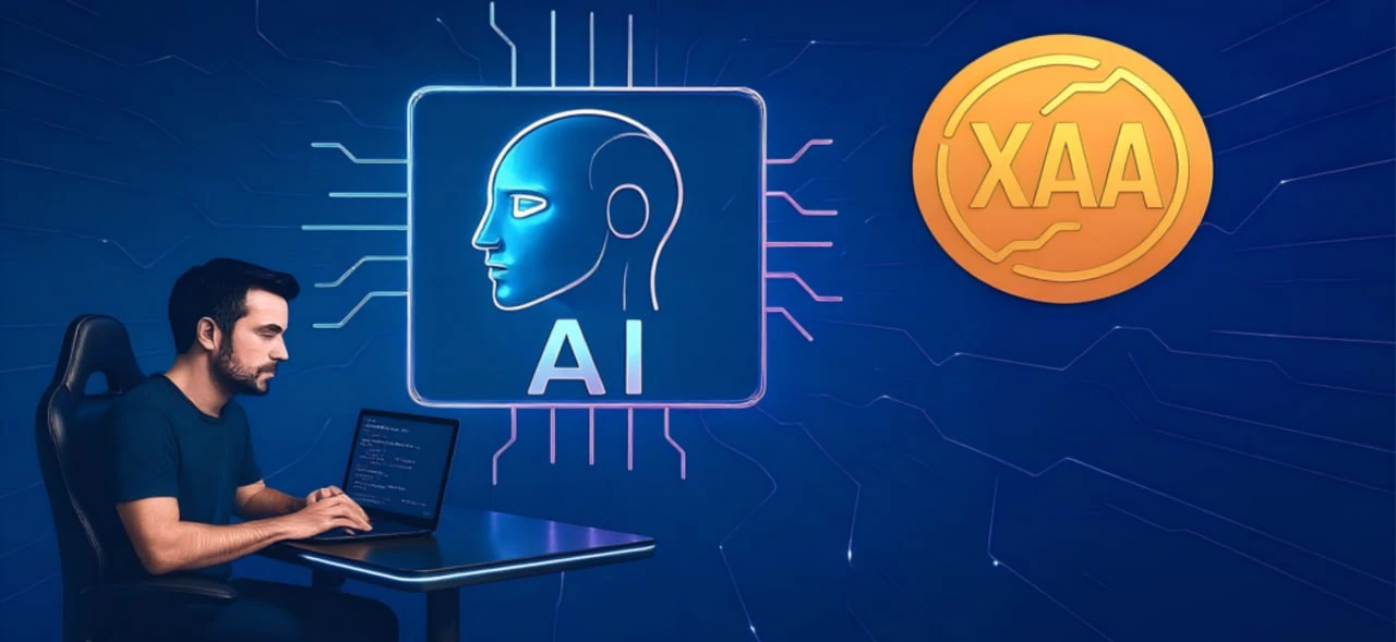 Illustration showing an AI model built by a developer being tokenized on the blockchain using Web3 tools