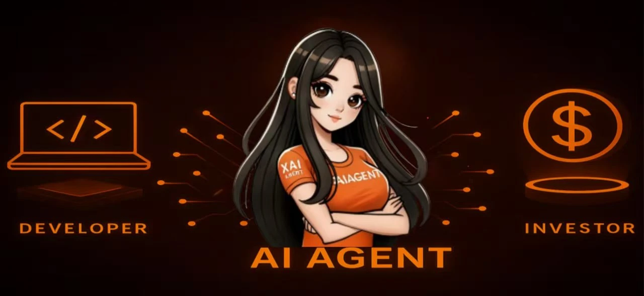 Illustration of a decentralized AI agent connecting developers and investors in a Web3 ecosystem