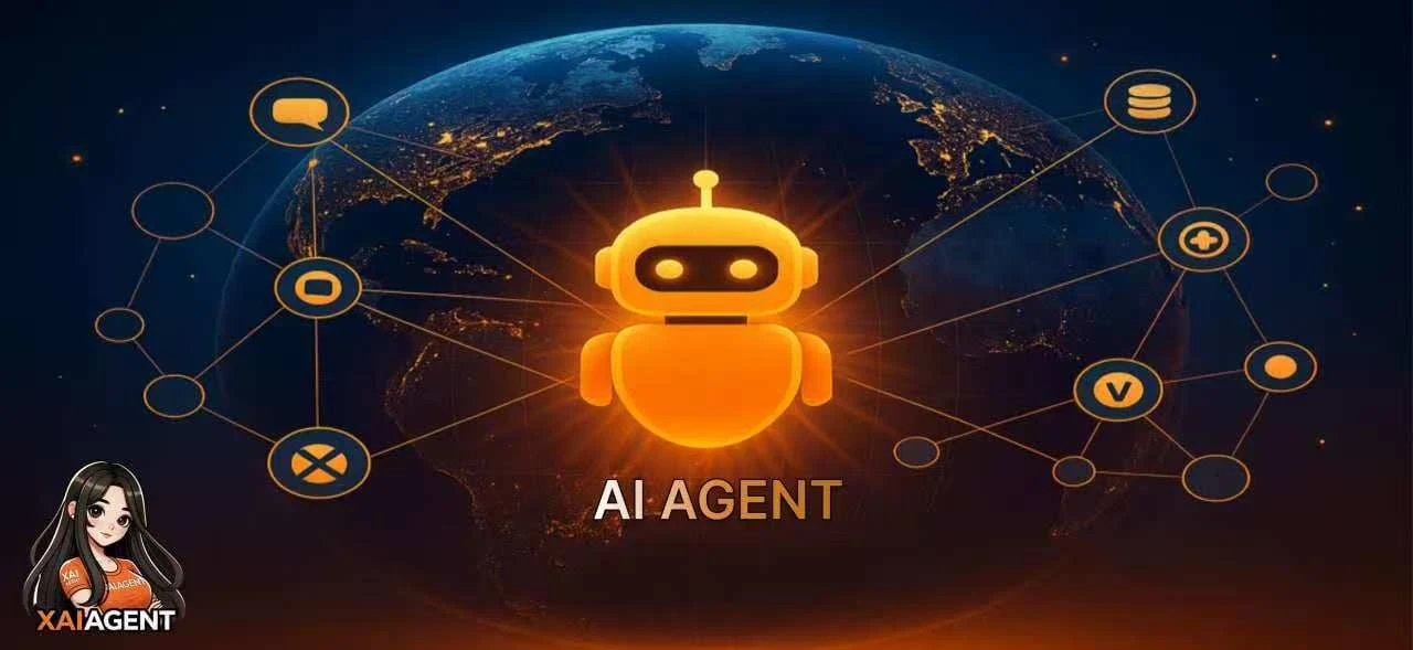 Illustration of AI Agents connected in a global Agentic Web, powered by XAIAgent tokenization platform