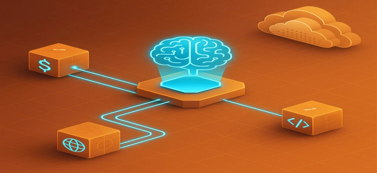 Illustration showing AI agents tokenized by developers, connected to global cloud infrastructure and Web3 networks