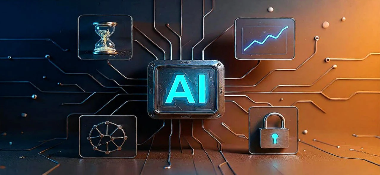 Illustration of a secure AI agent backed by blockchain trust and developer protections on XAIAgent platform